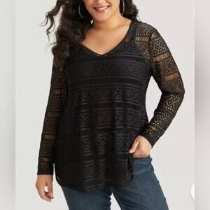 Bloomchic Black Lace Long Sleeve Top V Neck Blouse See Through Lightweight 14-16